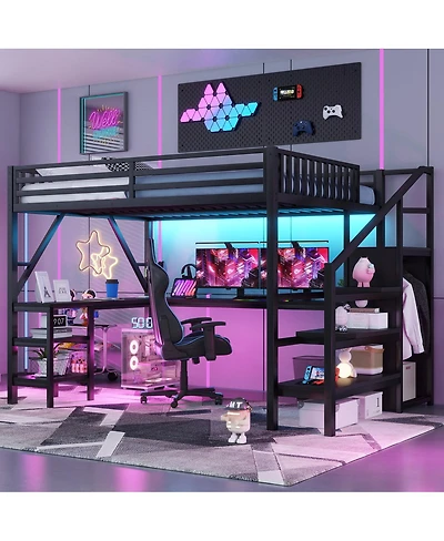 Streamdale Furniture Loft Bed with Wardrobe, Desk and Led Light