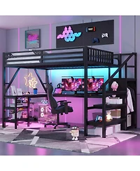 Streamdale Furniture Loft Bed with Wardrobe, Desk and Led Light