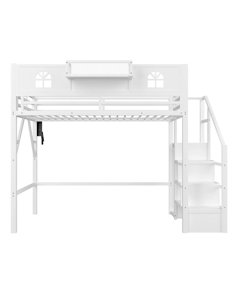 Streamdale Furniture Metal Full Loft Bed with Stairs and Wardrobe