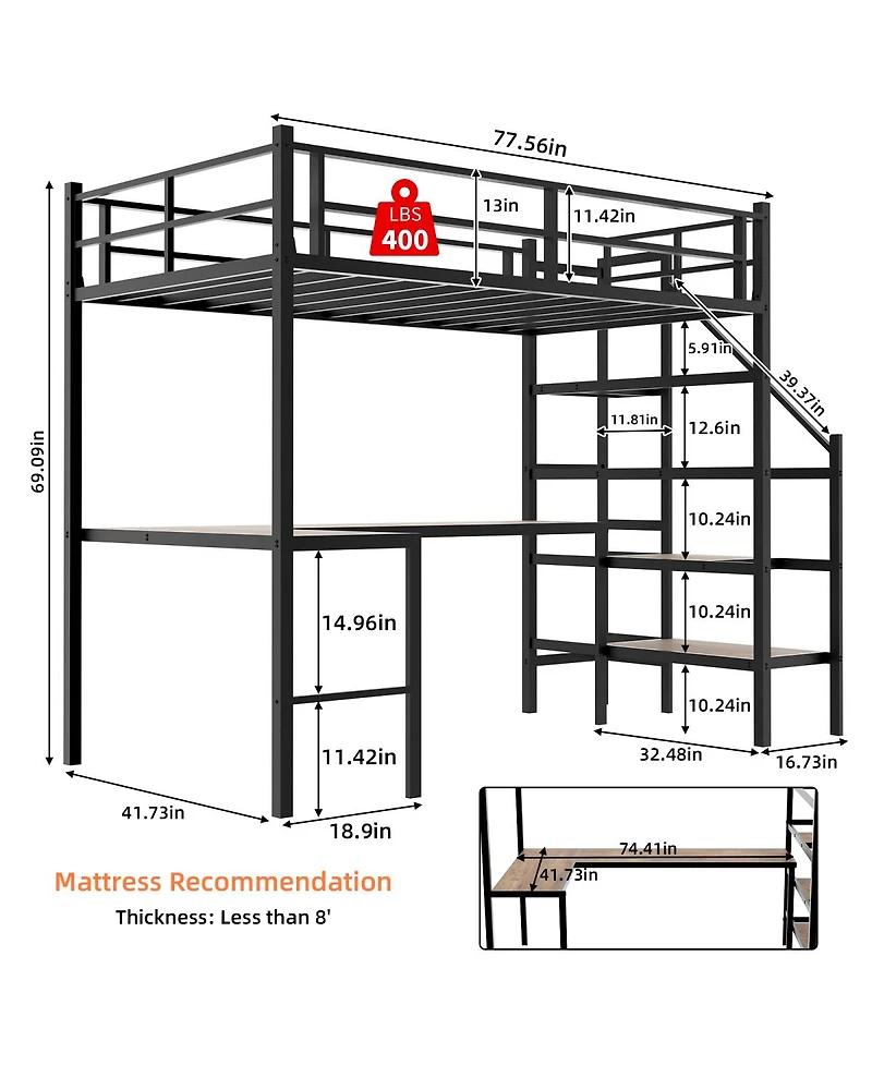 Streamdale Furniture L-Shaped Loft Bed With Stairs, Desk and Storage