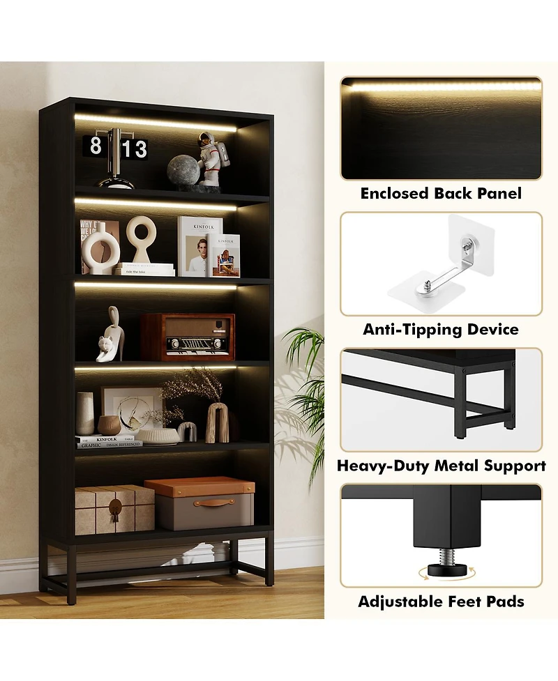 Streamdale Furniture Led 5-Tier Tall Bookcase with Storage