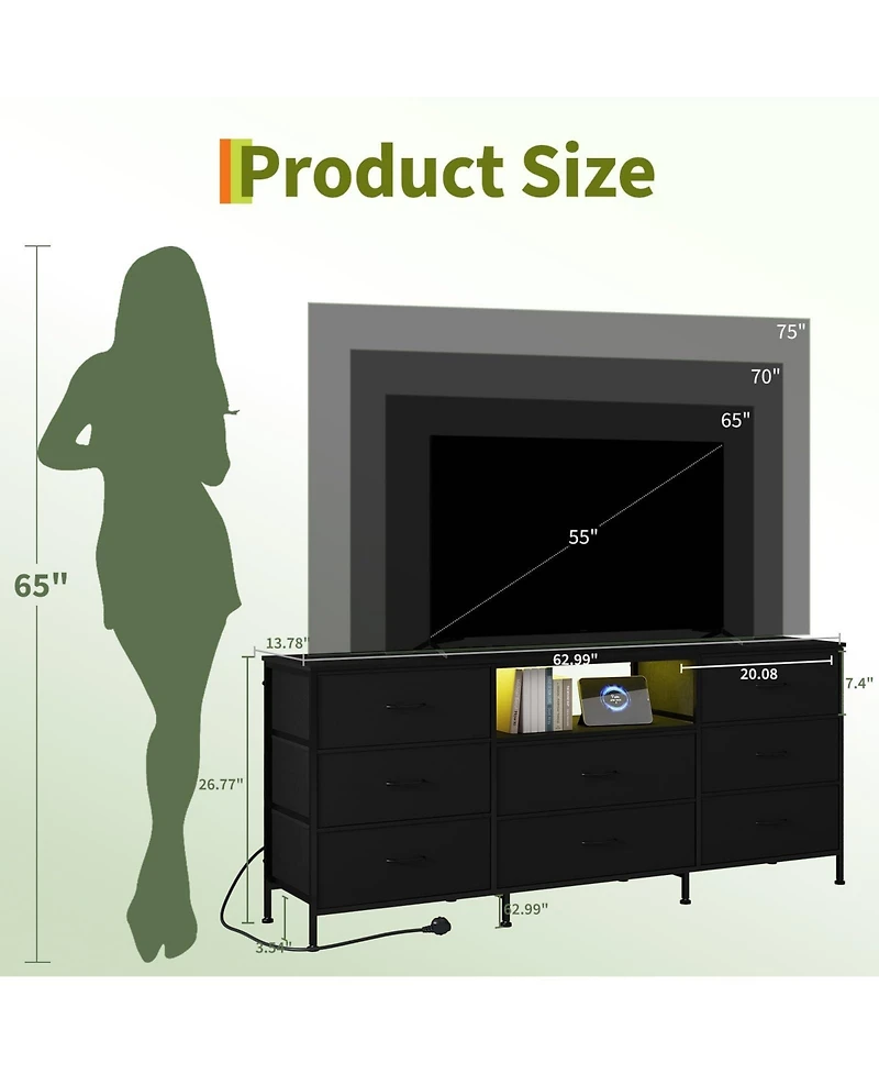 gaomon Led Tv Stand Dresser with 8 Fabric Drawers for TVs , Media Console Steel Frame Storage