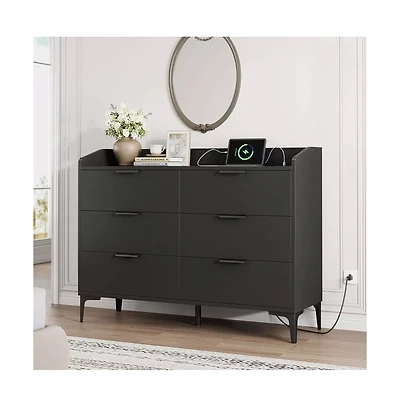 gaomon 6 Drawer Dresser with Power Outlets and Usb Ports Wide Modern Wooden Storage Chest for Bedroom