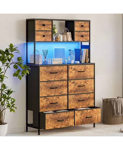 gaomon 12 Drawer Fabric Dresser with Led Lights and Power Outlet, Storage Organizer with Open Shelves