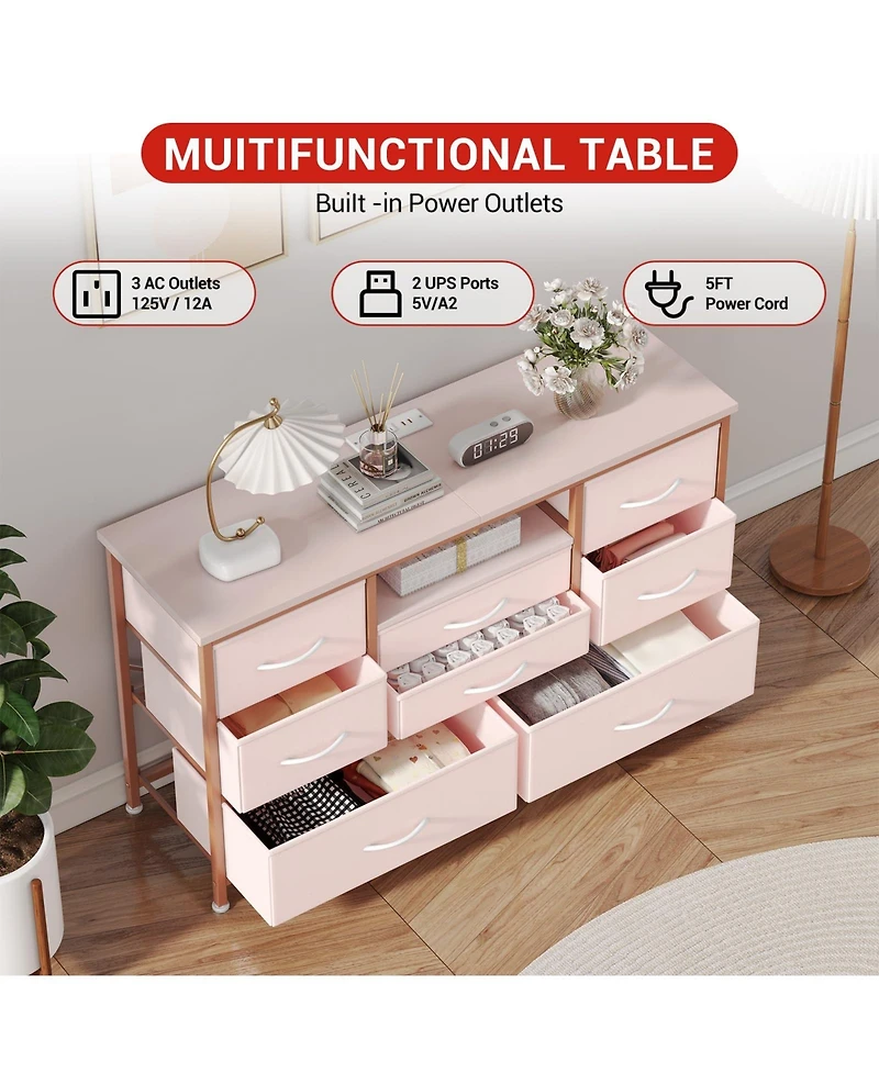 gaomon Tv Stand Dresser with 8 Fabric Drawers, Rgb Led Lights and Power Outlets, Wood-Top Console for TVs up to 55