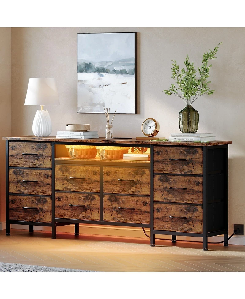 gaomon Tv Stand Dresser with 10 Fabric Drawers for TVs, Entertainment Center with Led Lights and Power Outlets