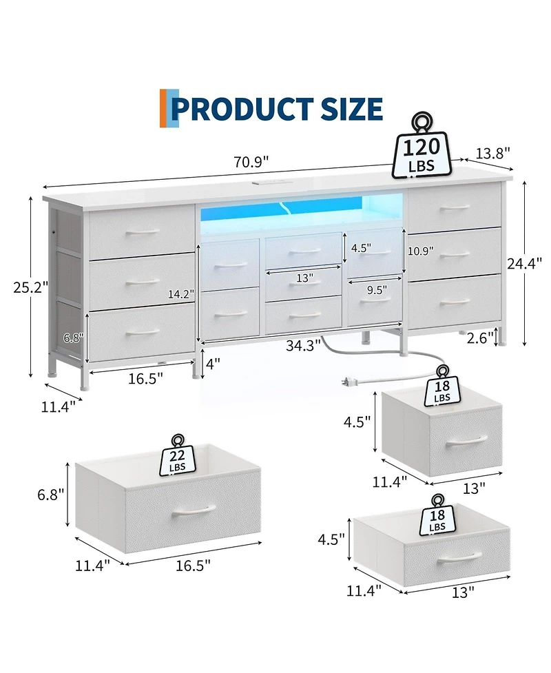 gaomon Dresser Tv Stand with 13 Fabric Drawers for TVs, Entertainment Center with Led Lights and Power Outlets