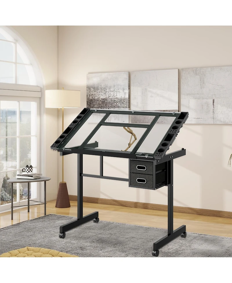 Streamdale Furniture Adjustable Art Desk With 2 Drawers and 4 Wheels