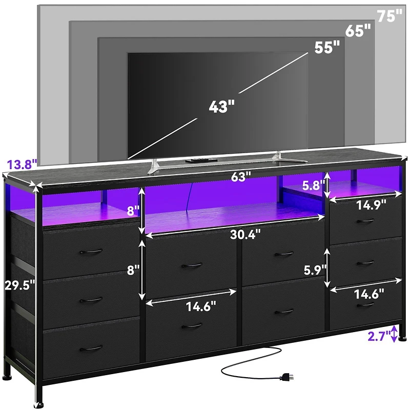 gaomon 63" Tv Stand Dresser with 10 Fabric Drawers for 65-75" TVs, Entertainment Center Led Lights and Power Outlets