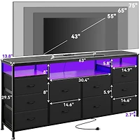 gaomon 63" Tv Stand Dresser with 10 Fabric Drawers for 65-75" TVs, Entertainment Center Led Lights and Power Outlets