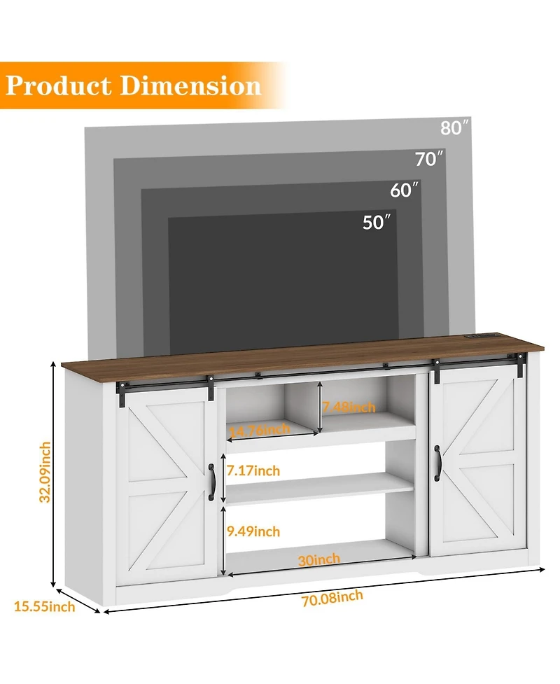 gaomon 70" Farmhouse Tv Stand for TVs up to 80", Entertainment Center with Sliding Barn Doors, Shelves and Charging Ports
