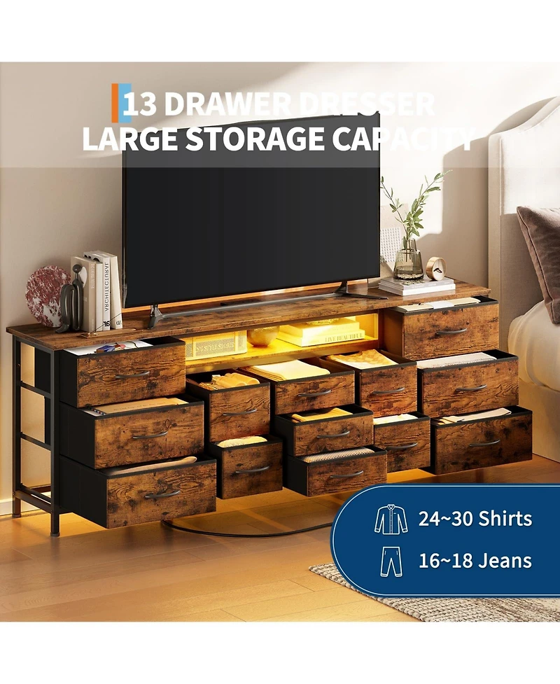 gaomon 70" Dresser Tv Stand with 13 Fabric Drawers for 65-80" TVs, Entertainment Center Led Lights and Power Outlets