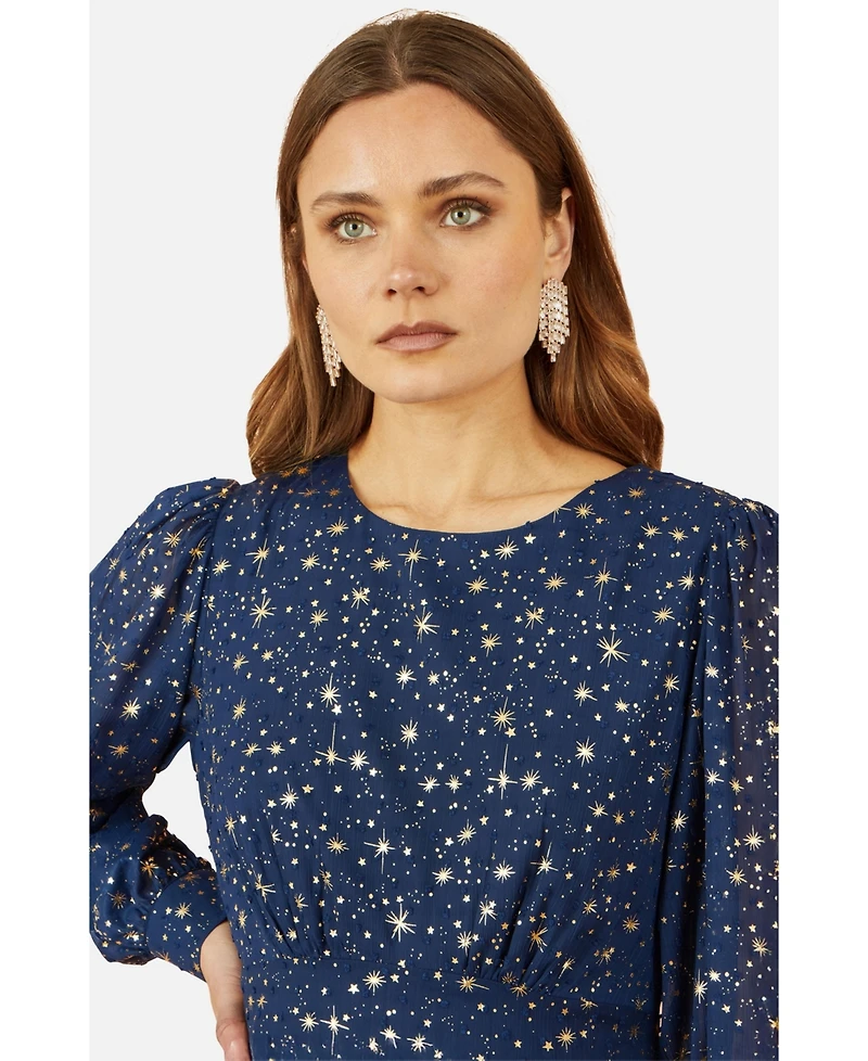 Yumi Women's Star Print Foil Long Sleeve Dress