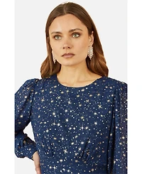 Yumi Women's Star Print Foil Long Sleeve Dress