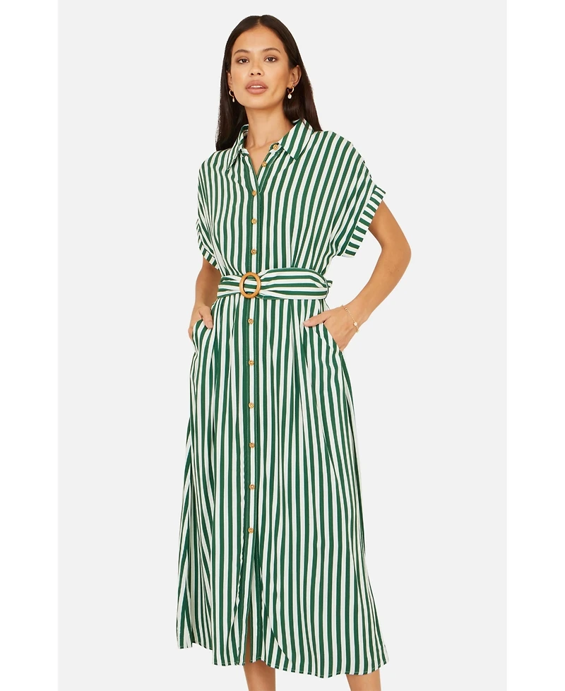 Yumi Women's Stripe Print Belted Midi Shirt Dress