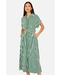 Yumi Women's Stripe Print Belted Midi Shirt Dress