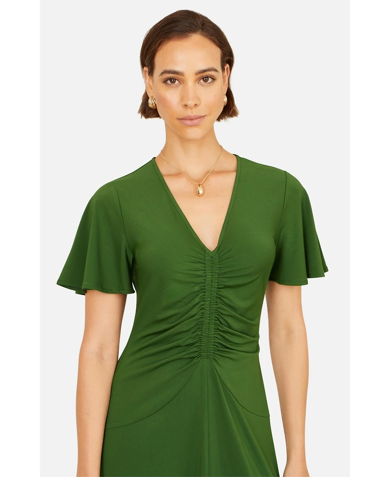 Yumi Women's Ruched Front Stretch Midi Dress