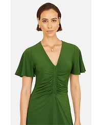Yumi Women's Ruched Front Stretch Midi Dress