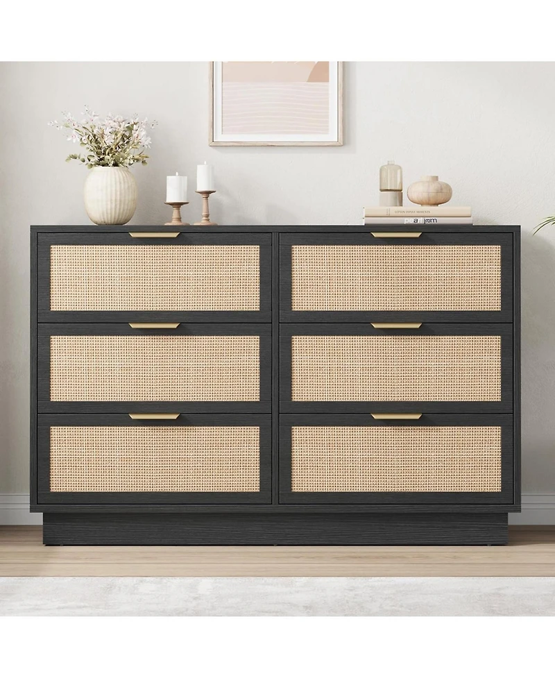 gaomon 6 Drawer Rattan Dresser for Bedroom, Integrated Cabinet and Legs Design, Wooden Chest of Drawers for Hallway or Closet