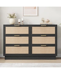 gaomon 6 Drawer Rattan Dresser for Bedroom, Integrated Cabinet and Legs Design, Wooden Chest of Drawers for Hallway or Closet