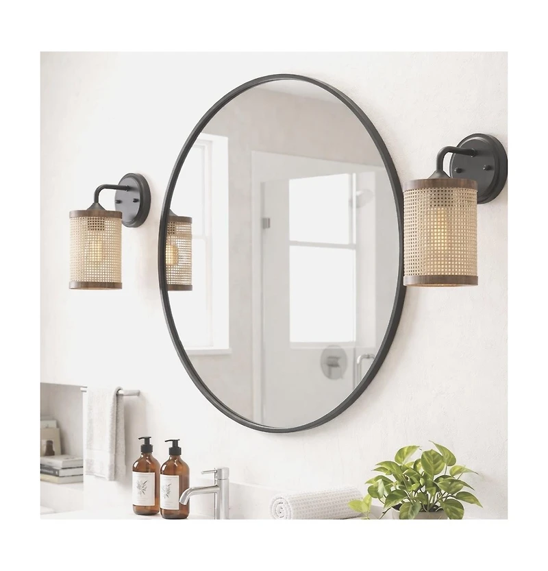 Single Light Wall Sconce Rattan Shade Rustic Wicker Wall Light Fixture for Bathroom Bedroom Living Room