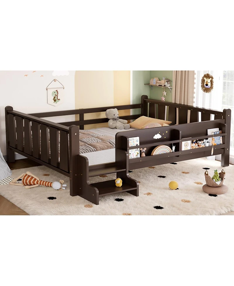 Streamdale Furniture Wood Floor Bed w/ Storage, Stairs and Rails