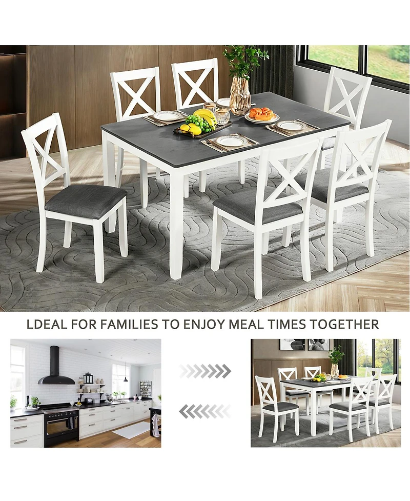 Streamdale Furniture 7-Piece Solid Wood Dining Set, 58.5" Table, 6 Padded Chairs