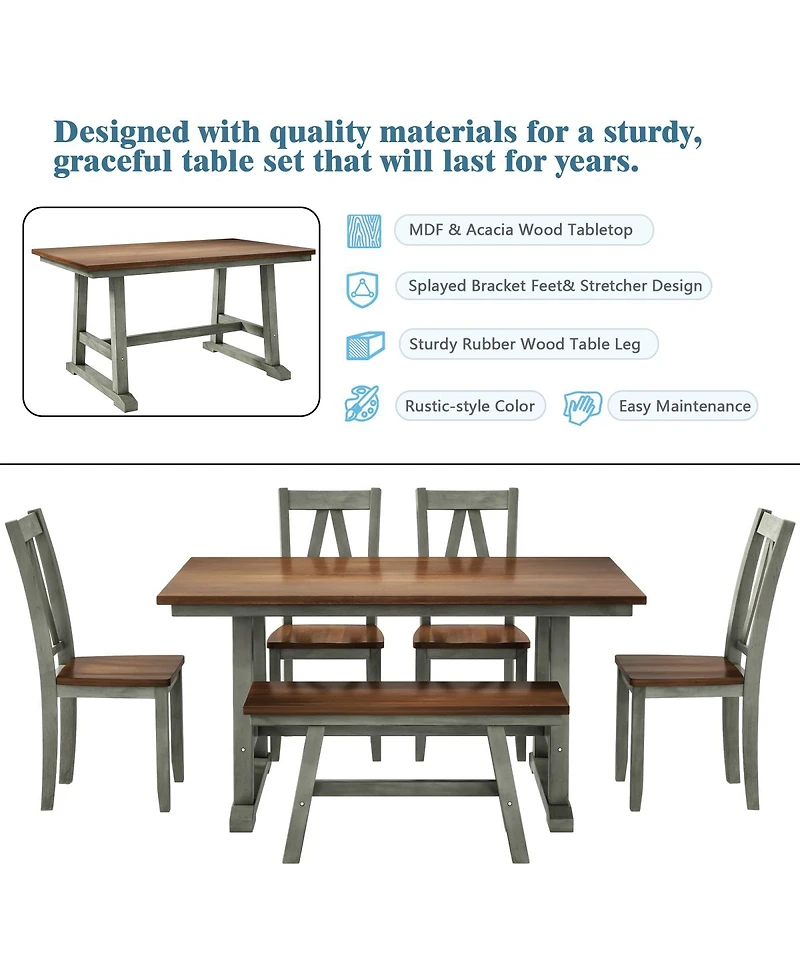 Streamdale Furniture Farmhouse 6-Piece Dining Set with Bench and 4 Chairs