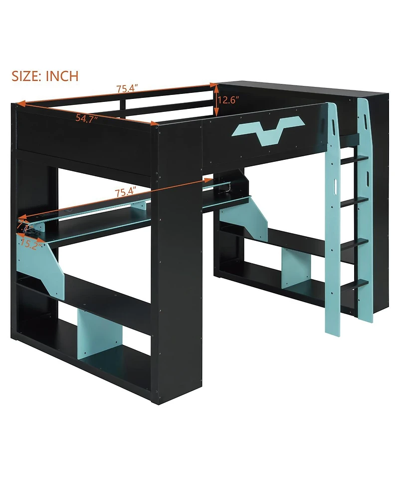 Streamdale Furniture Wood Loft Bed w/ Power, Usb-c, Cable Mgmt, Rgb