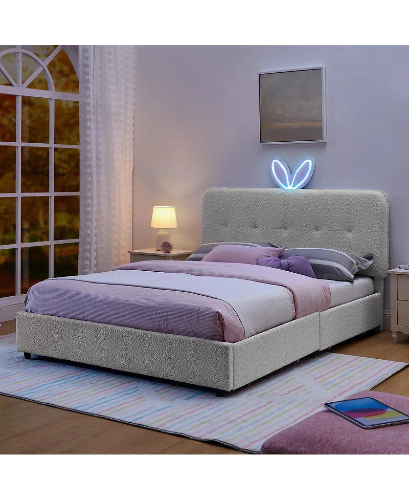 Streamdale Furniture Kids Upholstered Bed Rabbit Headboard, Led and Drawers