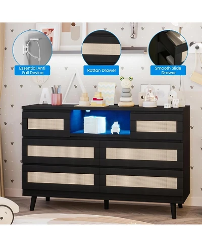 gaomon Rattan 6-Drawer Bedroom Dresser, Natural Wood Chest with Led Light & Charging Station, Tv Stand for Nursery Entryway Hallway