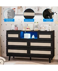 gaomon Rattan 6-Drawer Bedroom Dresser, Natural Wood Chest with Led Light & Charging Station, Tv Stand for Nursery Entryway Hallway