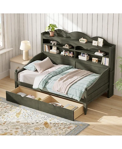 Streamdale Furniture Retro Wooden Twin Daybed with Storage Drawers and Headboard Shelves