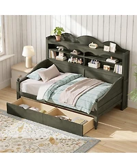 Streamdale Furniture Retro Wooden Twin Daybed with Storage Drawers and Headboard Shelves