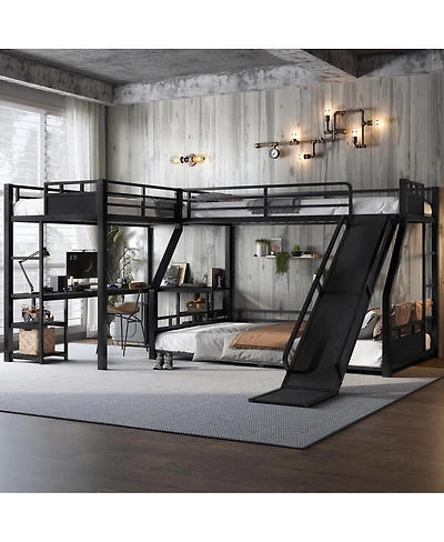 Streamdale Furniture L-Shaped Metal Triple Bunk Bed with Slide, Desk, Usb