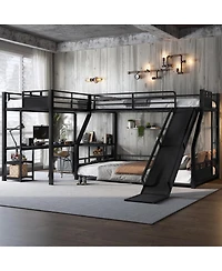 Streamdale Furniture L-Shaped Metal Triple Bunk Bed with Slide, Desk, Usb