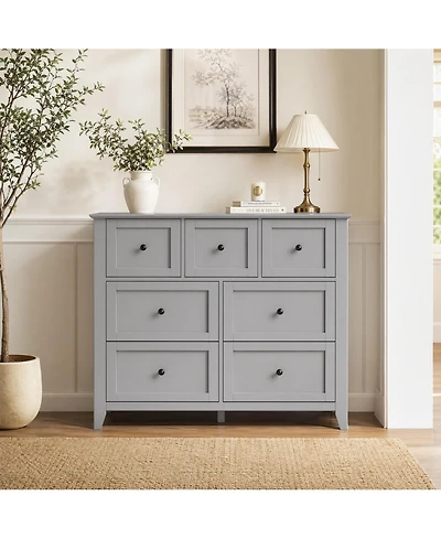 homfan 7-Drawer Farmhouse Dresser, Tall Wood Storage Chest with Deep Drawers and Metal Handles for Multi-Room Use