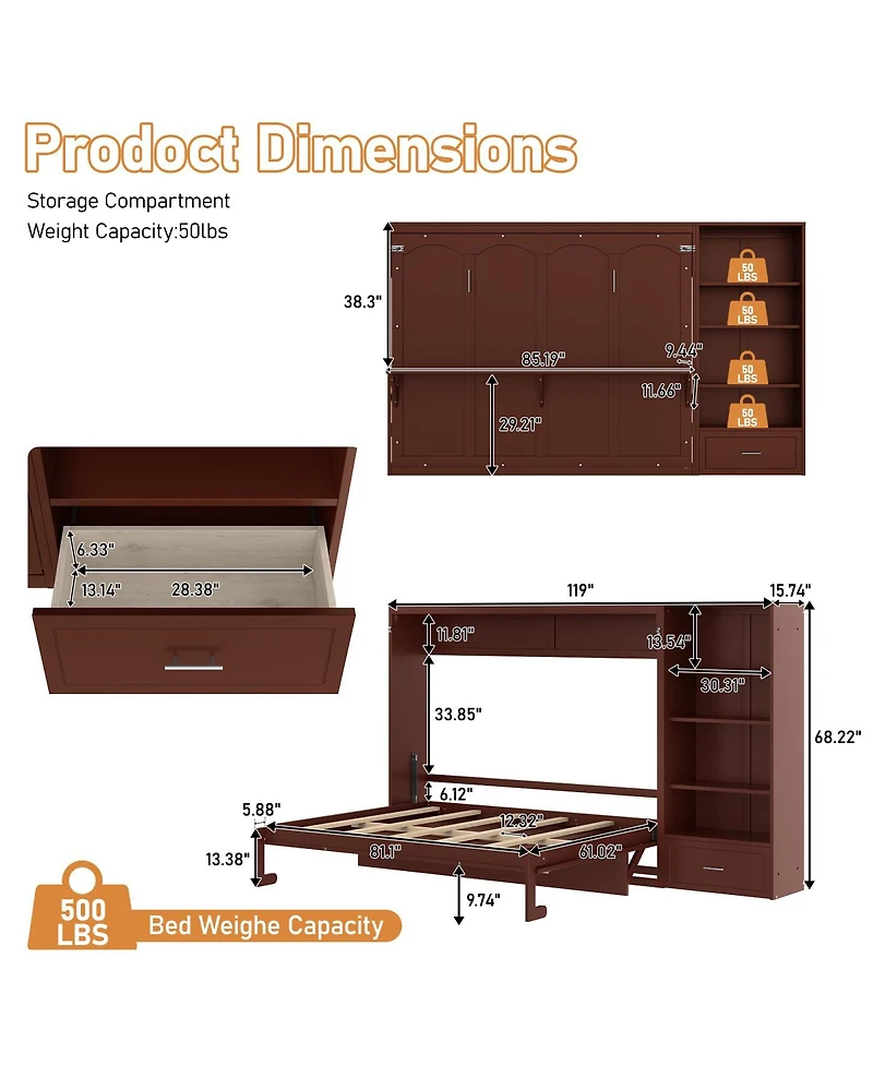 Streamdale Furniture Murphy Bed with Storage, Shelf, Drawer