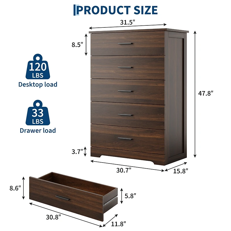 5 Drawer Dresser for Bedroom, 47" Tall Modern Chest of Drawers with Metal Handles, Storage Organizer Living Room, Entryway and Hallway