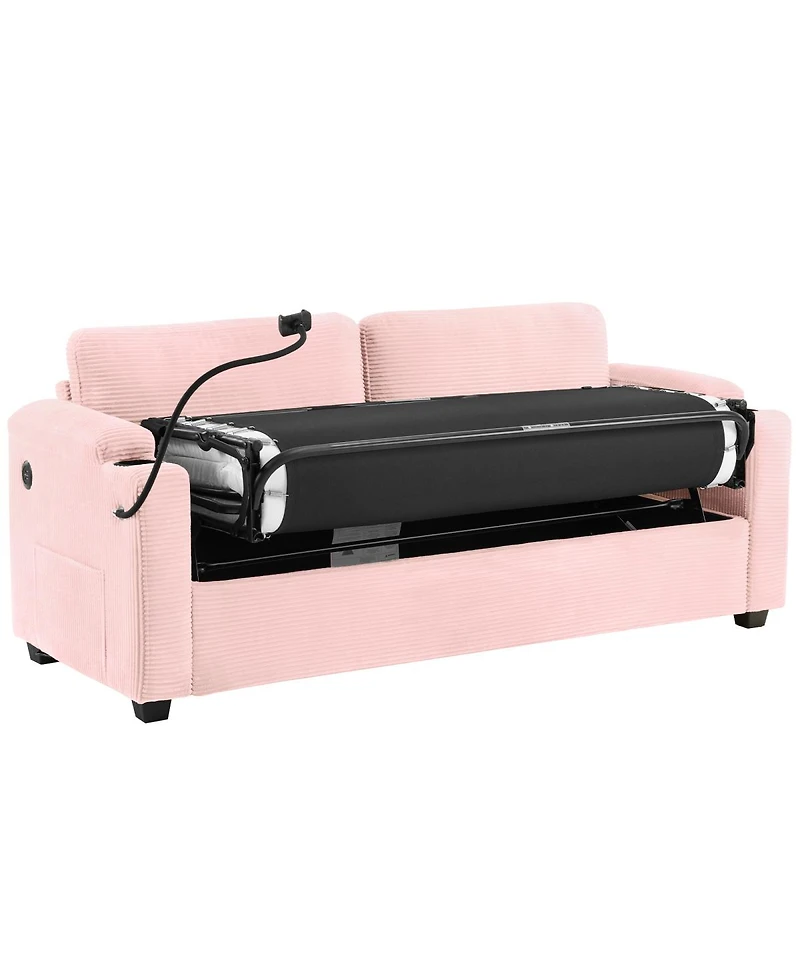 Streamdale Furniture Corduroy Sleeper Sofa with Mattress, Usb, Cup Holders and Pockets