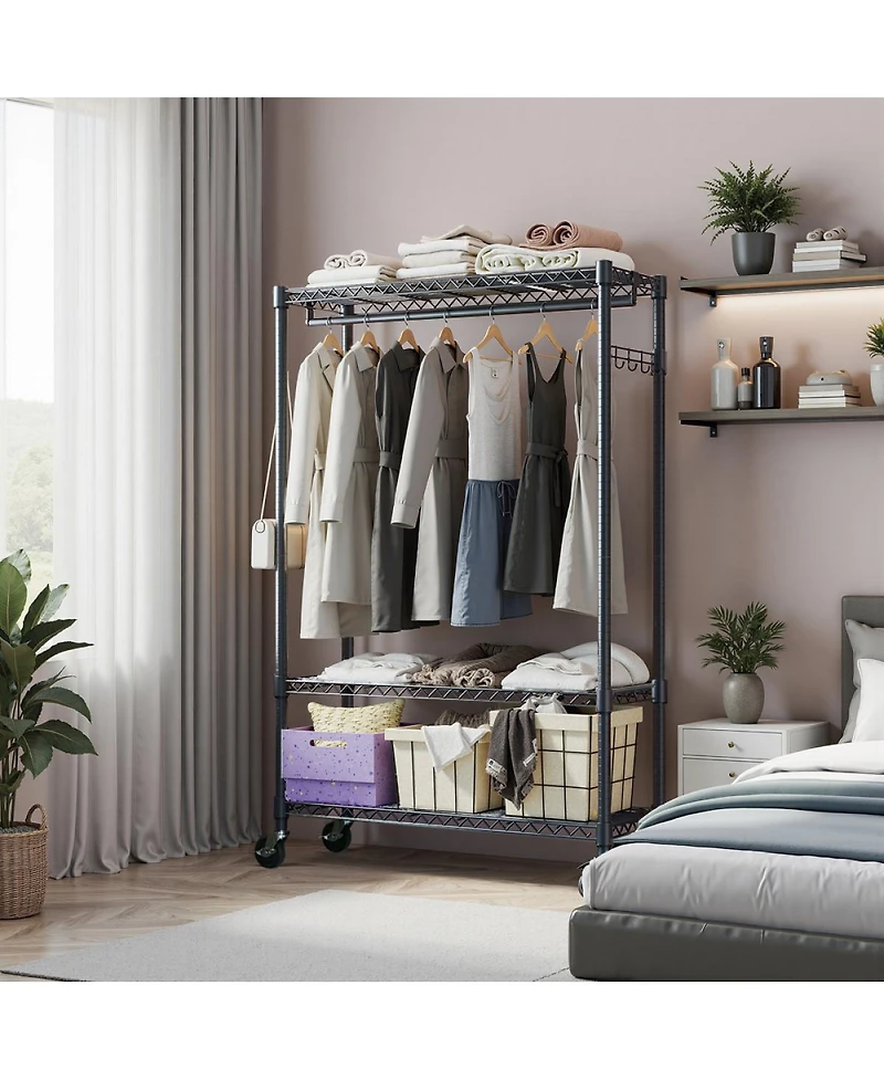 Streamdale Furniture Heavy Duty Rolling Garment Rack with Shelves and Hooks