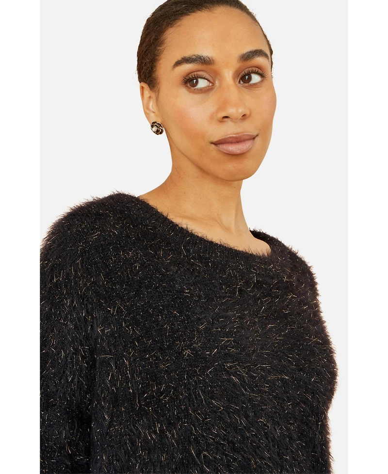 Yumi Women's Metallic Fluffy Eyelash Relaxed Jumper