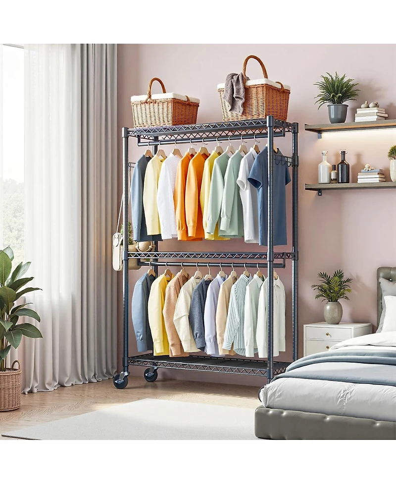 Streamdale Furniture Heavy Duty Rolling Garment Rack with Shelves and Hooks