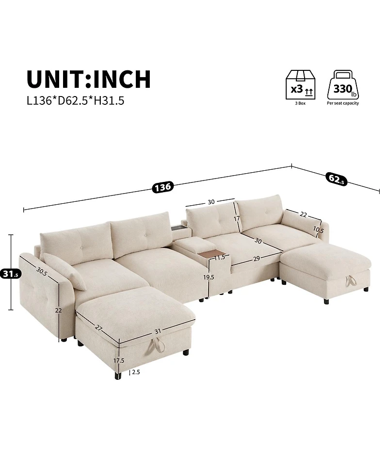 Streamdale Furniture 136" Modular Sectional Sofa with Console, Cup Holder & Usb Charger