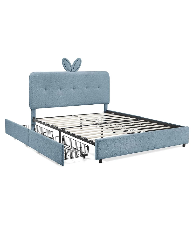 Streamdale Furniture Kids Upholstered Bed With Rabbit Headboard, Led and Drawers