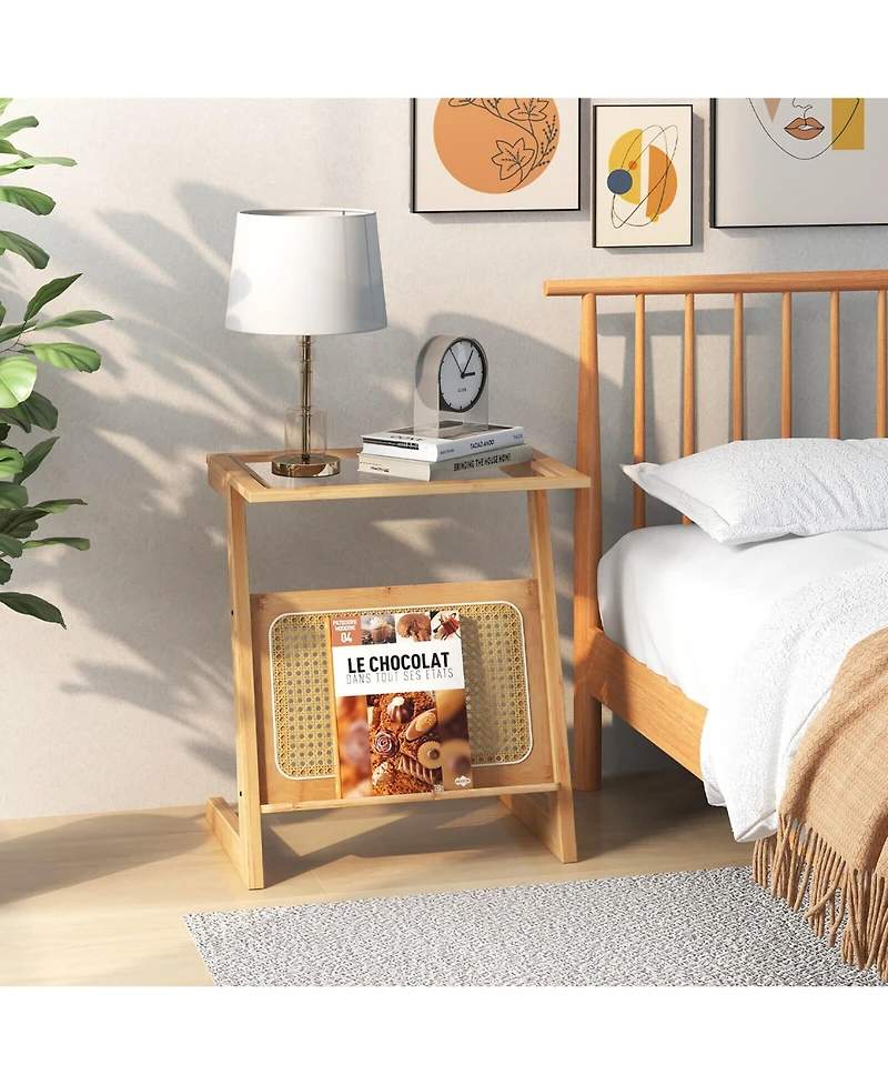Gymax Z-shaped End Table Glass Top Bamboo Side Table w/ Magazine Rack and Rattan Shelf