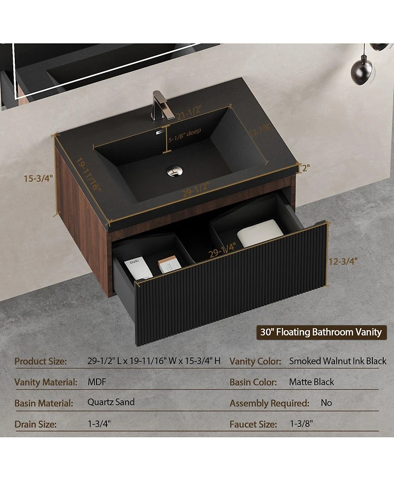 Sillysis Wall Mounted Bathroom Vanity, Quartz Sand Matte Sink, Wave Textured Drawer, Pre-Assembled Modern Cabinet