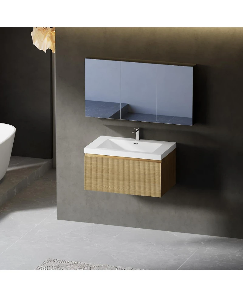 Sillysis Wall Mounted Bathroom Vanity, Glossy Stone Resin Sink, Oak Wave Textured Drawer