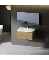 Sillysis Wall Mounted Bathroom Vanity, Glossy Stone Resin Sink, Oak Wave Textured Drawer