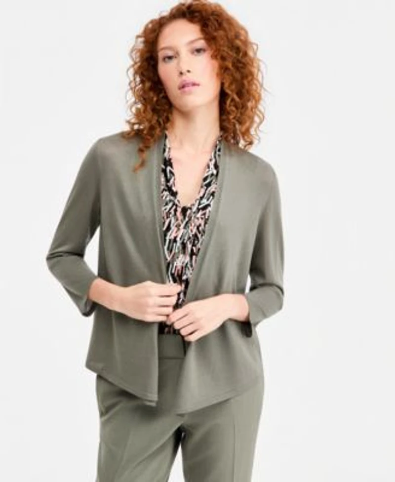 Kasper Womens Open Front A Line Cardigan Knot Front Sleeveless Top Fly Front Slim Pants